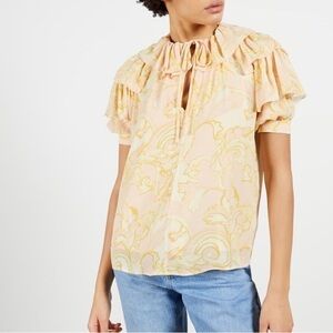 NWT Ted Baker Frisis MIB Frill Printed Top Pink Yellow 60s Retro Sz 2 M